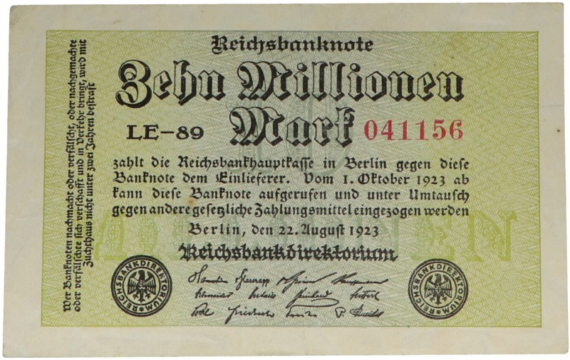 22 de agosto de 1923. Billetes Extranjeros. Alemania. 10 millones de marcos. WPM...