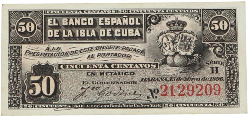 1896. Billetes Extranjeros. Cuba. Isla de Cuba. 50 centavos. Banco Español. SC. ...