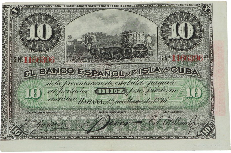 1896. Billetes Extranjeros. Cuba. Cuba. 10 pesos fuertes sobrecarga plata. Banco...