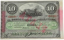 1896. Billetes Extranjeros. Cuba. Cuba. 10 pesos fuertes sobrecarga plata. Banco Español. Doblez central. EBC. Est.12.