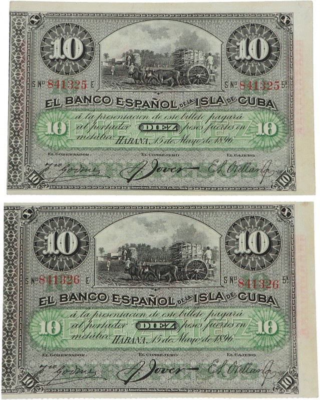 1896. Billetes Extranjeros. Cuba. Cuba. Pareja de dos billetes de 10 pesos fuert...