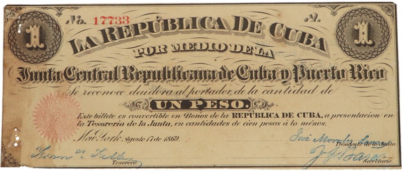 1869. Billetes Extranjeros. Cuba. 1 peso de la Junta Republicana de Cuba y Puert...