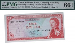 ND (1965). Billetes Extranjeros. Estados del Caribe Oriental. 1 dólar. Pick 13g. Certificado PMG 66 EPQ. SC. Est.30.
