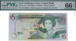 ND (2008). Billetes Extranjeros. Estados del Caribe Oriental. 5 dólares. Pick 47a. Certificado PMG 66 EPQ. SC. Est.30.