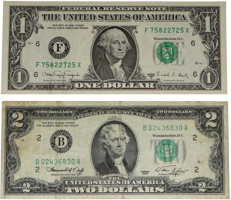 1988 y 1976. Billetes Extranjeros. Estados Unidos. Lote de dos billetes: 1 y 2 d...