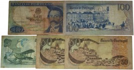 1978, 1968, 1978 y 1981. Billetes Extranjeros. Portugal. Lote de 5 billetes: uno de 20, dos de 50 y dos de 100 escudos. Pick 169, 176, 174 y 178. MBC-...