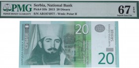 2013. Billetes extranjeros. Serbia. 20 dinara. Pick 55b. Certificado PMG 67 EPQ. SC. Est.30.