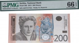 2013. Billetes extranjeros. Serbia. 200 dinara. Pick 58b. Certificado PMG 66 EPQ. SC. Est.30.