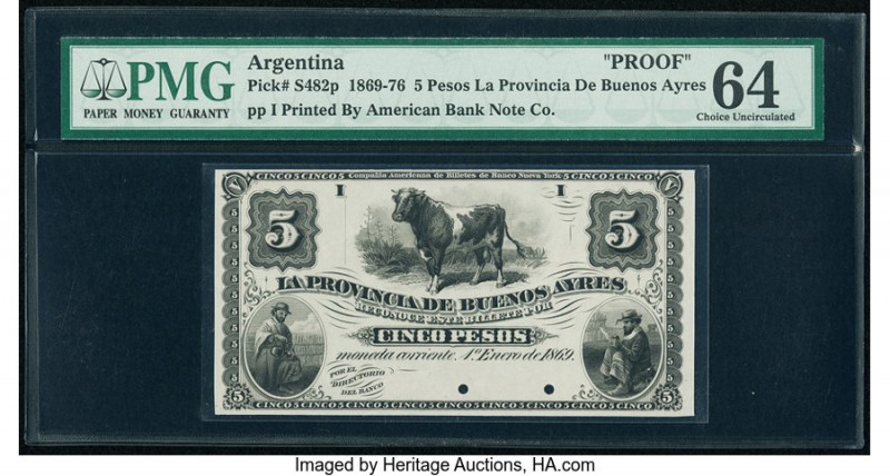 Argentina Provincia de Buenos Ayres 5 Pesos 1.1.1869 Pick S482p Proof PMG Choice...