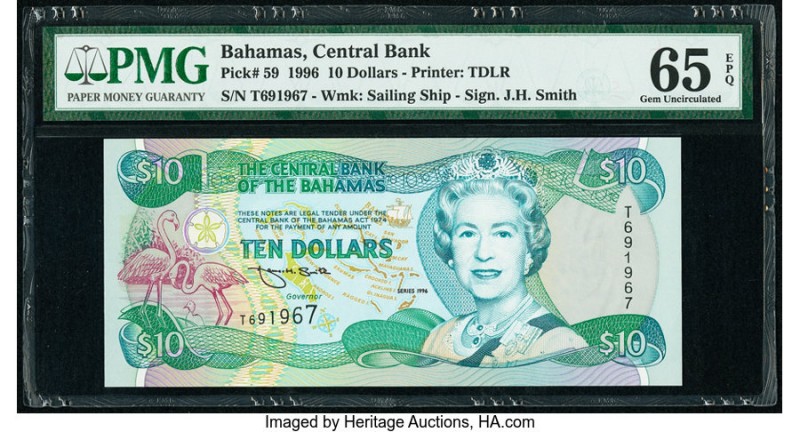 Bahamas Central Bank 10 Dollars 1996 Pick 59 PMG Gem Uncirculated 65 EPQ. 

HID0...