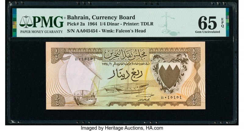 Bahrain Currency Board 1/4 Dinar 1964 Pick 2a PMG Gem Uncirculated 65 EPQ. 

HID...
