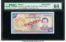 Bhutan Royal Monetary Authority 10 Ngultrum ND (2000) Pick 22s Specimen PMG Choice Uncirculated 64. Red Specimen overprint and staple holes. 

HID0980...