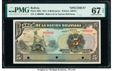 Bolivia Banco de la Nacion Boliviana 5 Bolivianos 11.5.1911 Pick 106s Specimen PMG Superb Gem Unc 67 EPQ. Red Specimen overprint; three POCs.

HID0980...