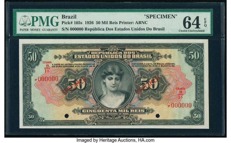 Brazil Caixa de Estabilizacao 50 Mil Reis 1926 Pick 105s Specimen PMG Choice Unc...