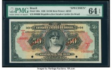 Brazil Caixa de Estabilizacao 50 Mil Reis 1926 Pick 105s Specimen PMG Choice Uncirculated 64 EPQ. Red Specimen overprints; two POCs.

HID09801242017

...