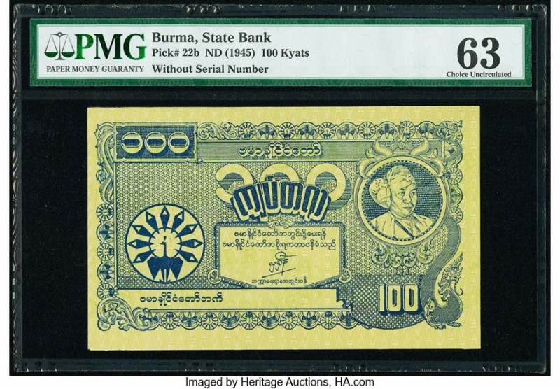 Burma State Bank 100 Kyats ND (1945) Pick 22b PMG Choice Uncirculated 63. 

HID0...