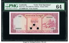 Cambodia Banque Nationale du Cambodge 20 Riels ND (1956-75) Pick 5cts Color Trial Specimen PMG Choice Uncirculated 64. Red Specimen overprints; three ...