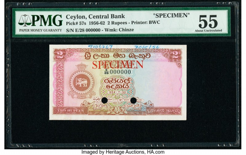 Ceylon Central Bank of Ceylon 2 Rupees 1956-62 Pick 57s Specimen PMG About Uncir...