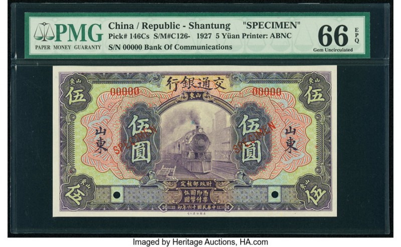 China Bank of Communications, Shantung 5 Yuan 1.11.1927 Pick 146Cs S/M#C126-204 ...