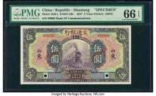 China Bank of Communications, Shantung 5 Yuan 1.11.1927 Pick 146Cs S/M#C126-204 Specimen PMG Gem Uncirculated 66 EPQ. Red Specimen overprints; two POC...