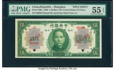 China Central Bank of China, Shanghai 5 Dollars 1930 Pick 200s Specimen PMG About Uncirculated 55 EPQ. Red Specimen overprints; two POCs.

HID09801242...