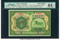 China National Industrial Bank of China 10 Yuan 1924 Pick 527s S/M#C291-3 Specimen PMG Choice Uncirculated 64 EPQ. Red Specimen overprints; two POCs.
...