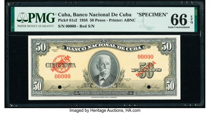 Cuba Banco Nacional de Cuba 50 Pesos 1958 Pick 81s2 Specimen PMG Gem Uncirculate...