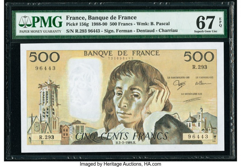 France Banque de France 500 Francs 2.2.1989 Pick 156g PMG Superb Gem Unc 67 EPQ....