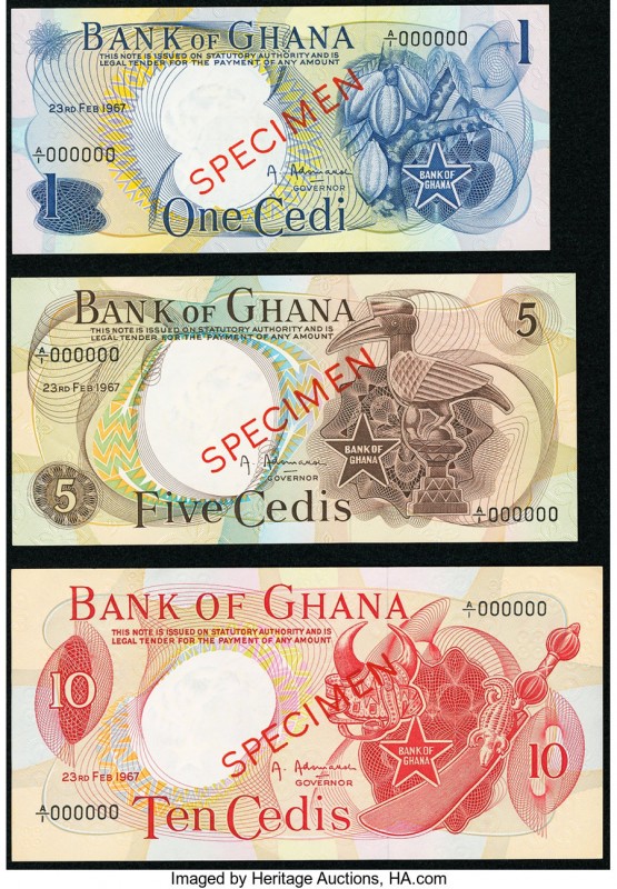 Ghana Bank of Ghana 1; 5; 10 Cedis 23.2.1967 Pick 10s; 11s; 12s Three Specimen C...