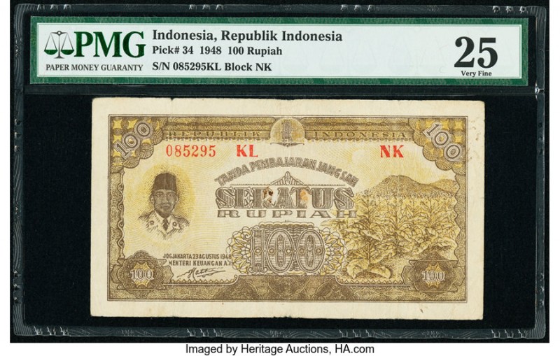 Indonesia Republik Indonesia 100 Rupiah 23.8.1948 Pick 34 PMG Very Fine 25. Tear...