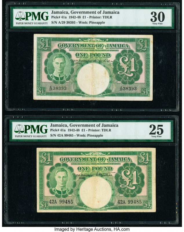 Jamaica Government of Jamaica 1 Pound 30.11.1942; 2.1.1948 Pick 41a Two Examples...