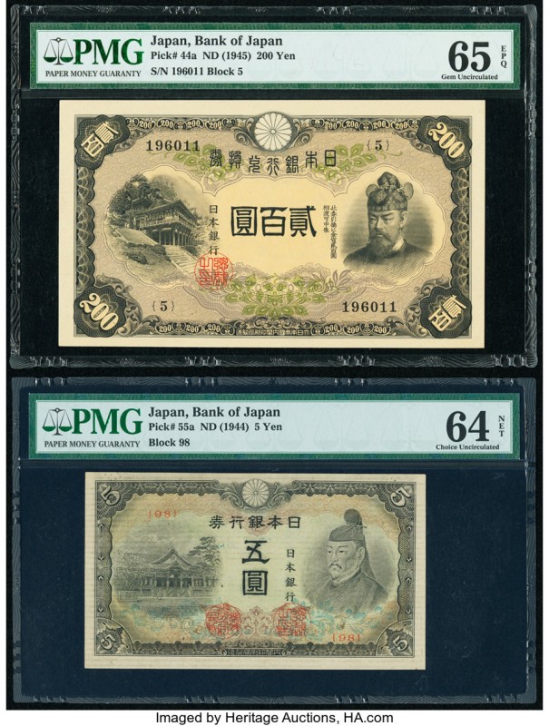 Japan Bank of Japan 200; 5 Yen ND (1945); ND (1944) Pick 44a; 55a PMG Gem Uncirc...