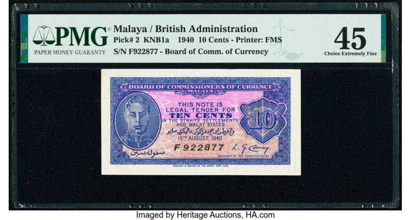 Malaya Board of Commissioners of Currency 10 Cents 15.8.1940 Pick 2 KNB1a PMG Ch...