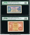 Malaya Board of Commissioners of Currency 10; 20 Cents 15.8.1940; 1.7.1941 Pick 2; 9a Two Examples PMG Choice Extremely Fine 45; About Uncirculated 53...