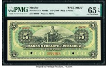 Mexico Banco Mercantil De Veracruz 5 Pesos ND (1898-1910) Pick S437s M528s Specimen PMG Gem Uncirculated 65 EPQ. Red Specimen overprints; two POCs.

H...