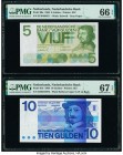 Netherlands Nederlandsche Bank 5; 10 Gulden 26.4.1966; 25.4.1968 Pick 90a; 91b Two Examples PMG Gem Uncirculated 66 EPQ; Superb Gem Unc 67 EPQ. 

HID0...