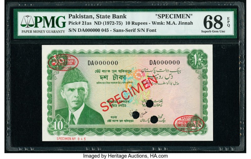 Pakistan State Bank of Pakistan 10 Rupees ND (1972-75) Pick 21as Specimen PMG Su...