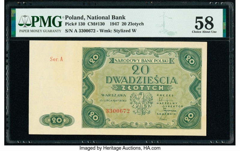 Poland Polish National Bank 20 Zlotych 1947 Pick 130 PMG Choice About Unc 58. 

...