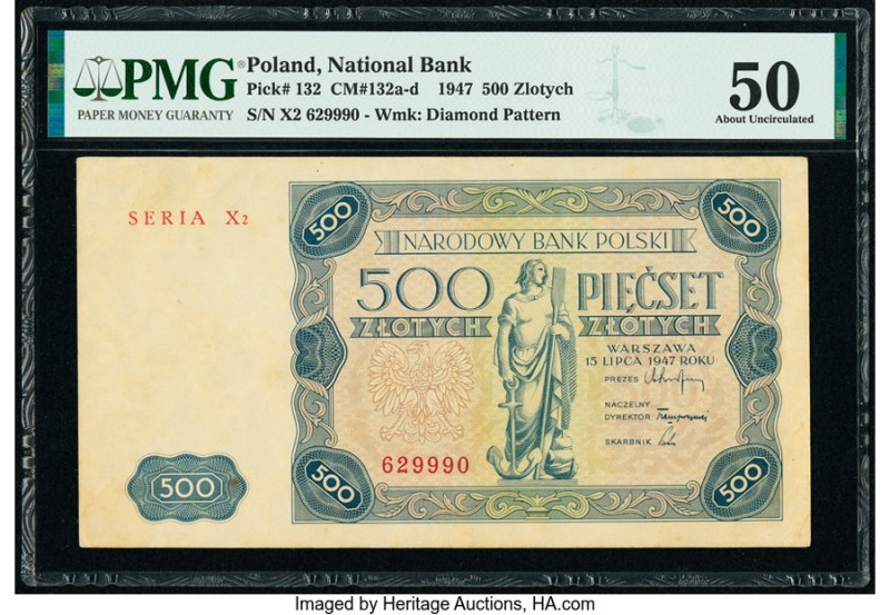 Poland Polish National Bank 500 Zlotych 1947 Pick 132 PMG About Uncirculated 50....