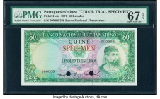 Portuguese Guinea Banco Nacional Ultramarino, Guine 50 Escudos ND (1971) Pick 44cts Color Trial Specimen PMG Superb Gem Unc 67 EPQ. Red Specimen overp...