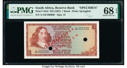 South Africa Republic of South Africa 1 Rand ND (1967) Pick 110s2 Specimen PMG Superb Gem Unc 68 EPQ. Punch hole cancelled with 2 holes. 

HID09801242...