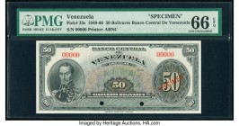 Venezuela Banco Central De Venezuela 50 Bolivares ND (1940-60) Pick 33s Specimen PMG Gem Uncirculated 66 EPQ. Red Specimen overprint; two POCs.

HID09...