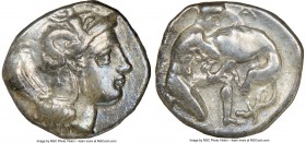 CALABRIA. Tarentum. Ca. 380-280 BC. AR diobol (12mm, 12h). NGC XF. Ca. 325-280 BC. Head of Athena right, wearing crested Attic helmet decorated with f...