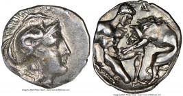 CALABRIA. Tarentum. Ca. 380-280 BC. AR diobol (11mm, 8h). NGC XF. Head of Athena right, wearing crested Attic helmet decorated with figure of Scylla h...