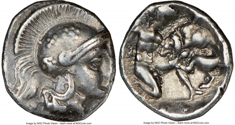 CALABRIA. Tarentum. Ca. 380-280 BC. AR diobol (12mm, 8h). NGC Choice VF. Head of...