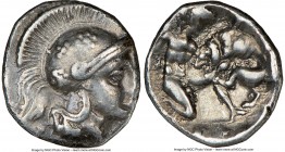 CALABRIA. Tarentum. Ca. 380-280 BC. AR diobol (12mm, 8h). NGC Choice VF. Head of Athena right, wearing crested Attic helmet decorated with three flore...