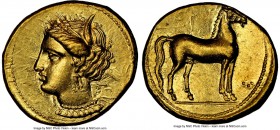 ZEUGITANA. Carthage. Ca. 350-320 BC. AV stater (19mm, 9.29 gm, 7h). NGC Choice AU 5/5 - 4/5. Bust of Tanit left, hair wreathed with barley ears, weari...