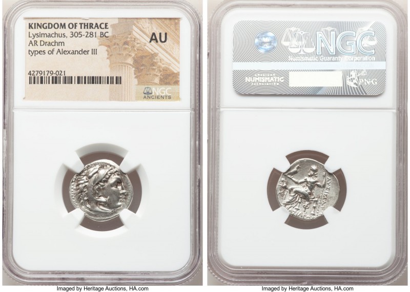 THRACIAN KINGDOM. Lysimachus (305-281 BC). AR drachm (19mm, 1h). NGC AU. Lifetim...