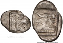 CARIA. Chersonesus. Ca. 500-480 BC. AR obol (11mm, 6h). NGC XF. Milesian standard. Forepart of roaring lion right, with extended foreleg / Head of bul...