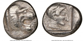 CARIA. Cnidus. Ca. 530-500 BC. AR trihemiobol or diobol (11mm, 9h). NGC Choice VF. Head of roaring lion right; beaded square border / Archaic head of ...